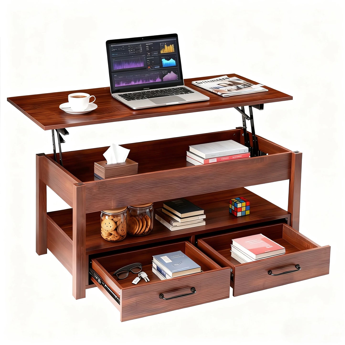 JHK Lift Top Coffee Table With Drawers And Hidden Storage
