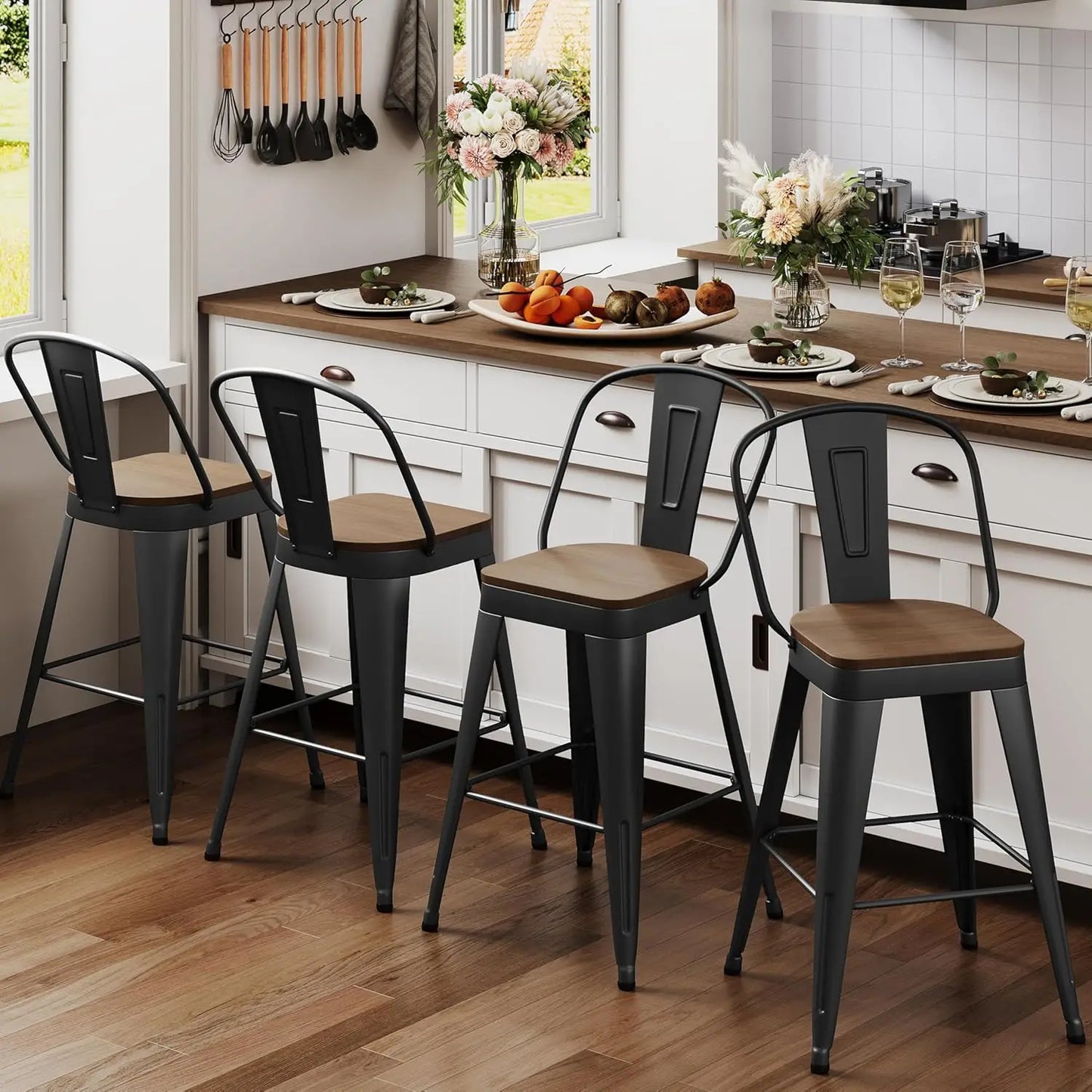 Industrial Bar Stools Set Of 4 With High Back And Wood Seat