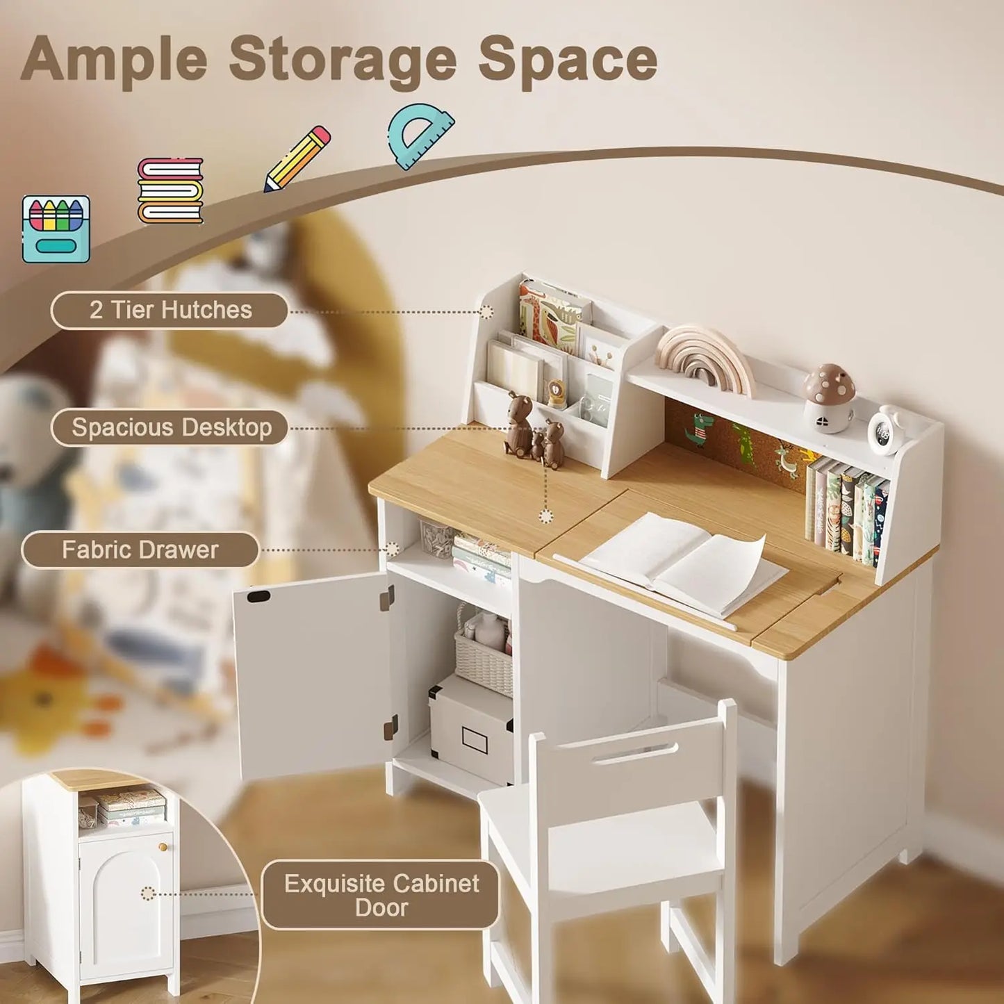 Kids Study Desk And Chair Set With Hutch Tiltable Desktop