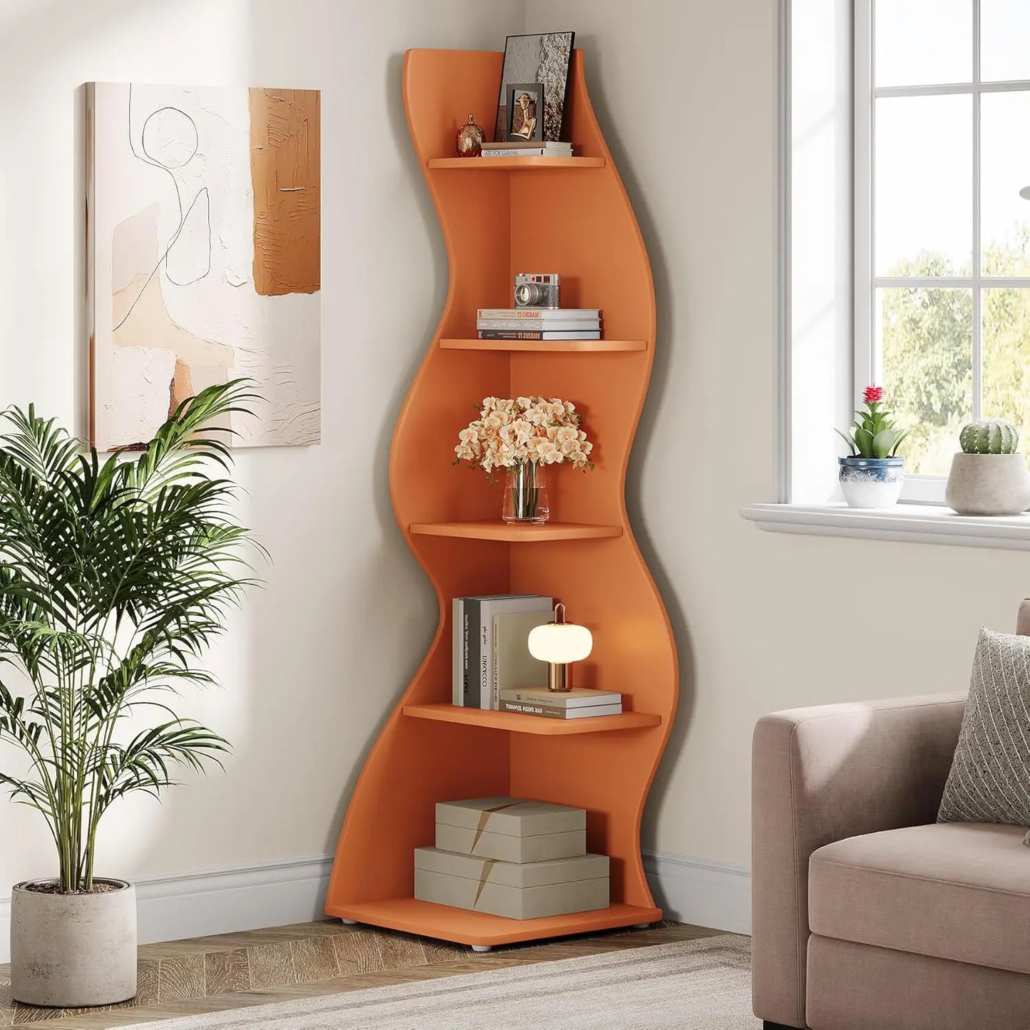 Modern 5-Tier Curvy Corner Shelf Rack For Living Room