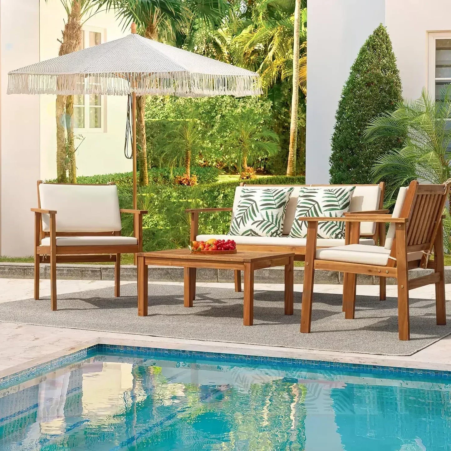 Acacia Wood Outdoor Patio 4 Piece Conversation Sofa Set With Table