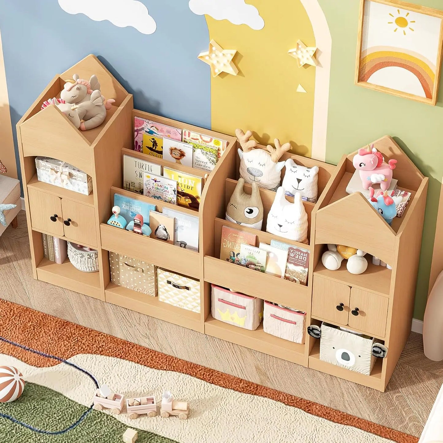 Children's Bookshelf Wood Display Case For Kids Toy Storage Organizer