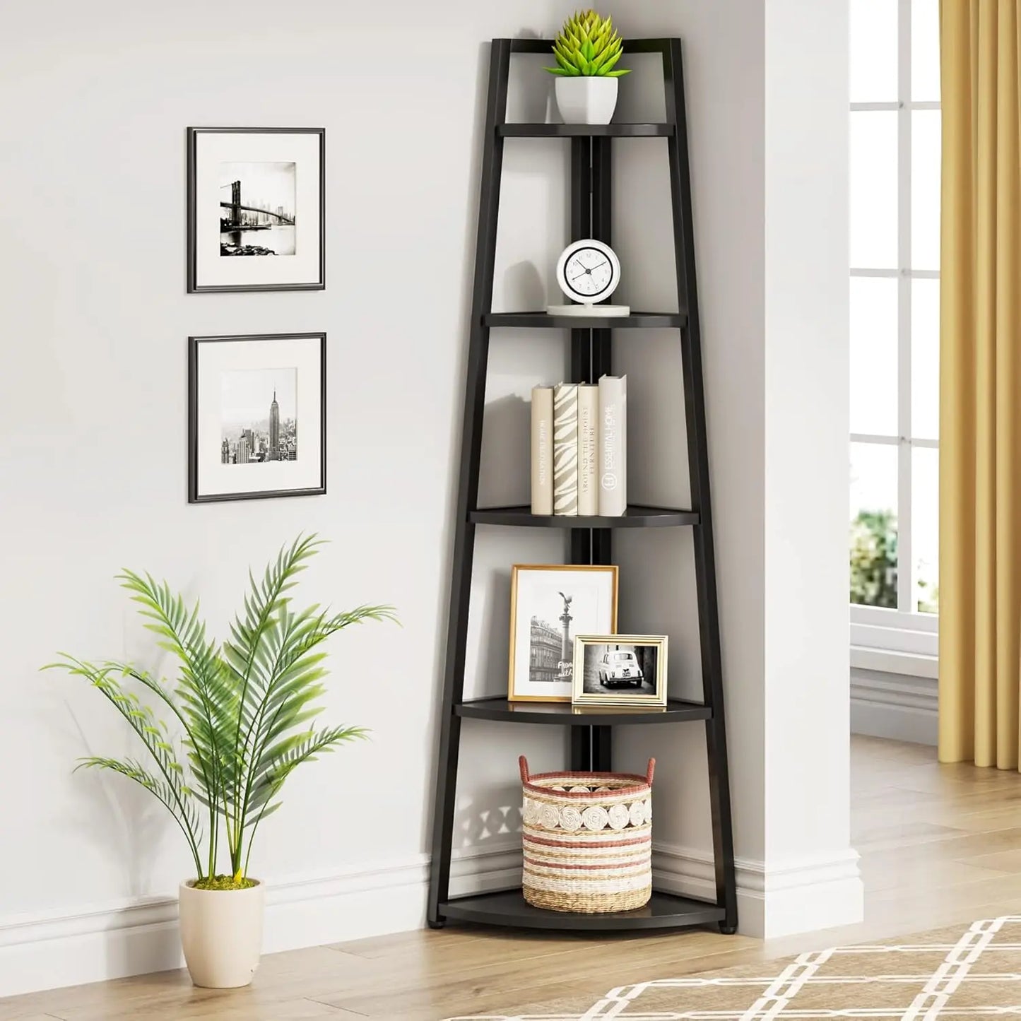 Five-Tier Corner Bookshelf And Bookcase For Living Room Or Office