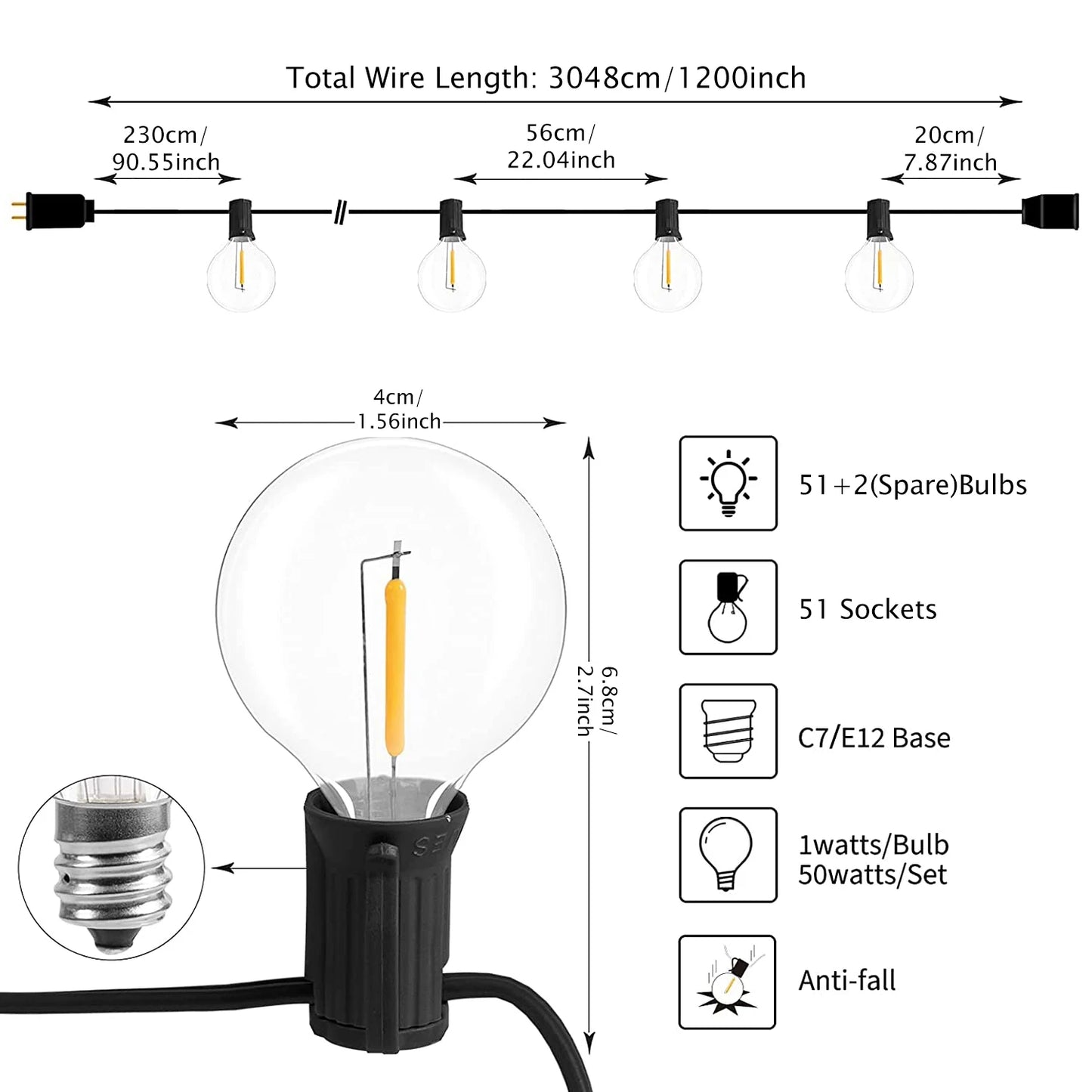 Aiopp LED Globe String Lights Outdoor With US Plug Shatterproof Plastic Bulbs