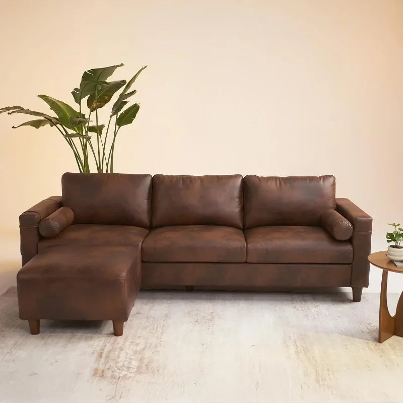 Faux Leather L Shaped Sofa With Movable Ottoman Side Pocket