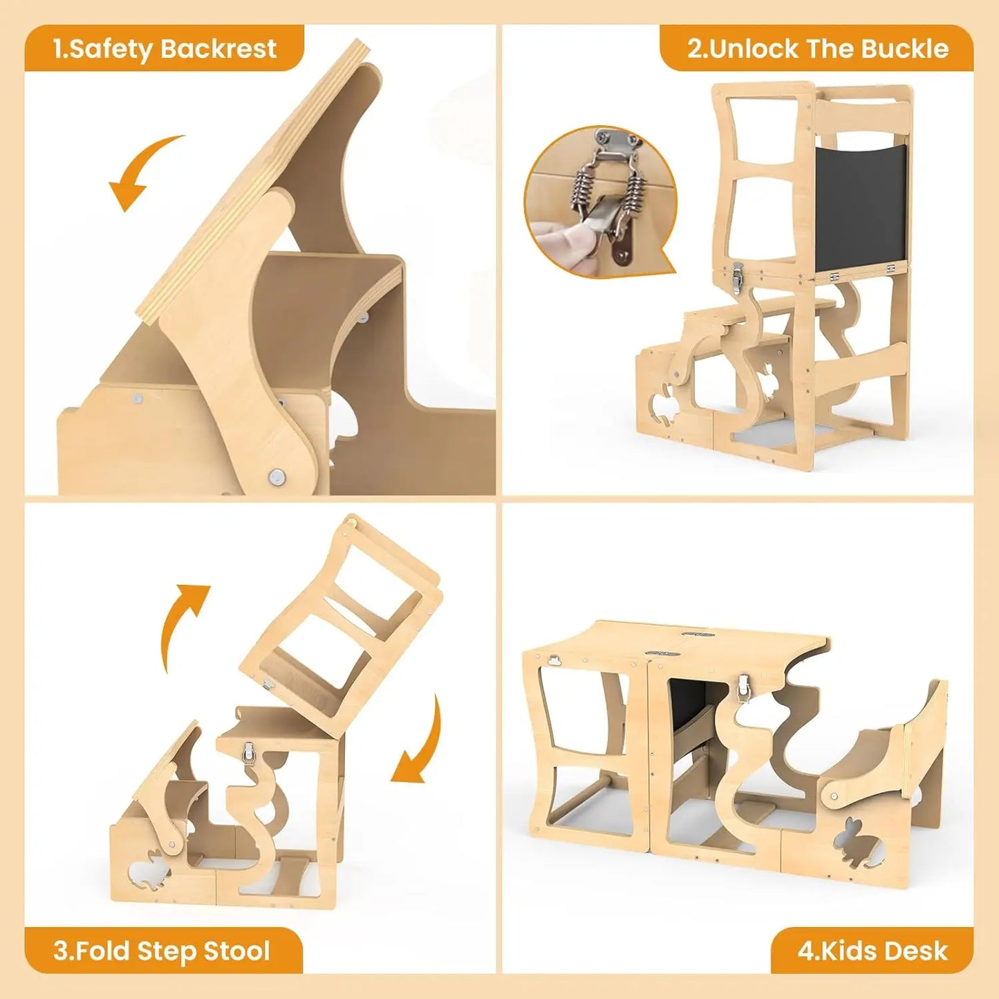 Foldable Toddler Kitchen Stool with Chalkboard and Safety Rail