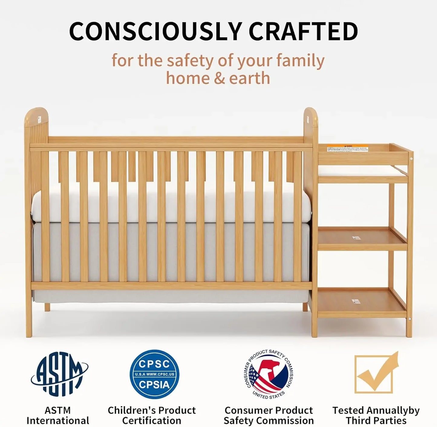 Wooden Baby Crib Convertible Changing Table Combo Nontoxic Finish