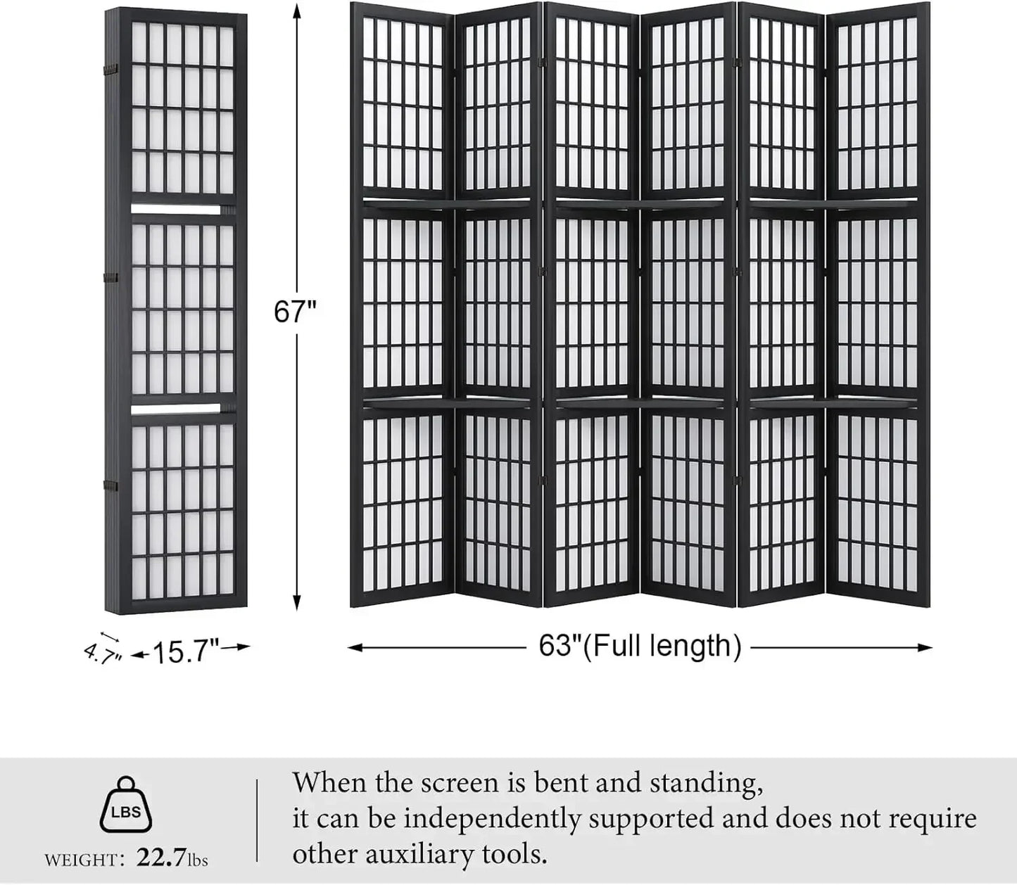 Shoji Style Folding Portable Room Divider Screen With Three Display Shelves
