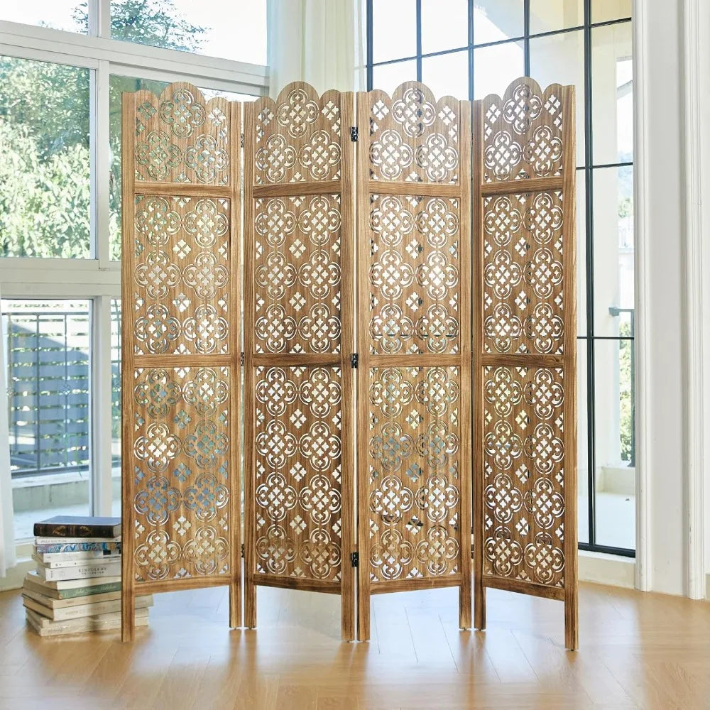Four Panel Wood Carved Privacy Screen Folding Room Divider