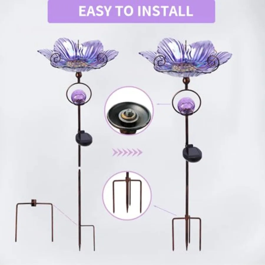 Glass Bird Bath Outdoor Decor With Solar Crackle Globe Lights