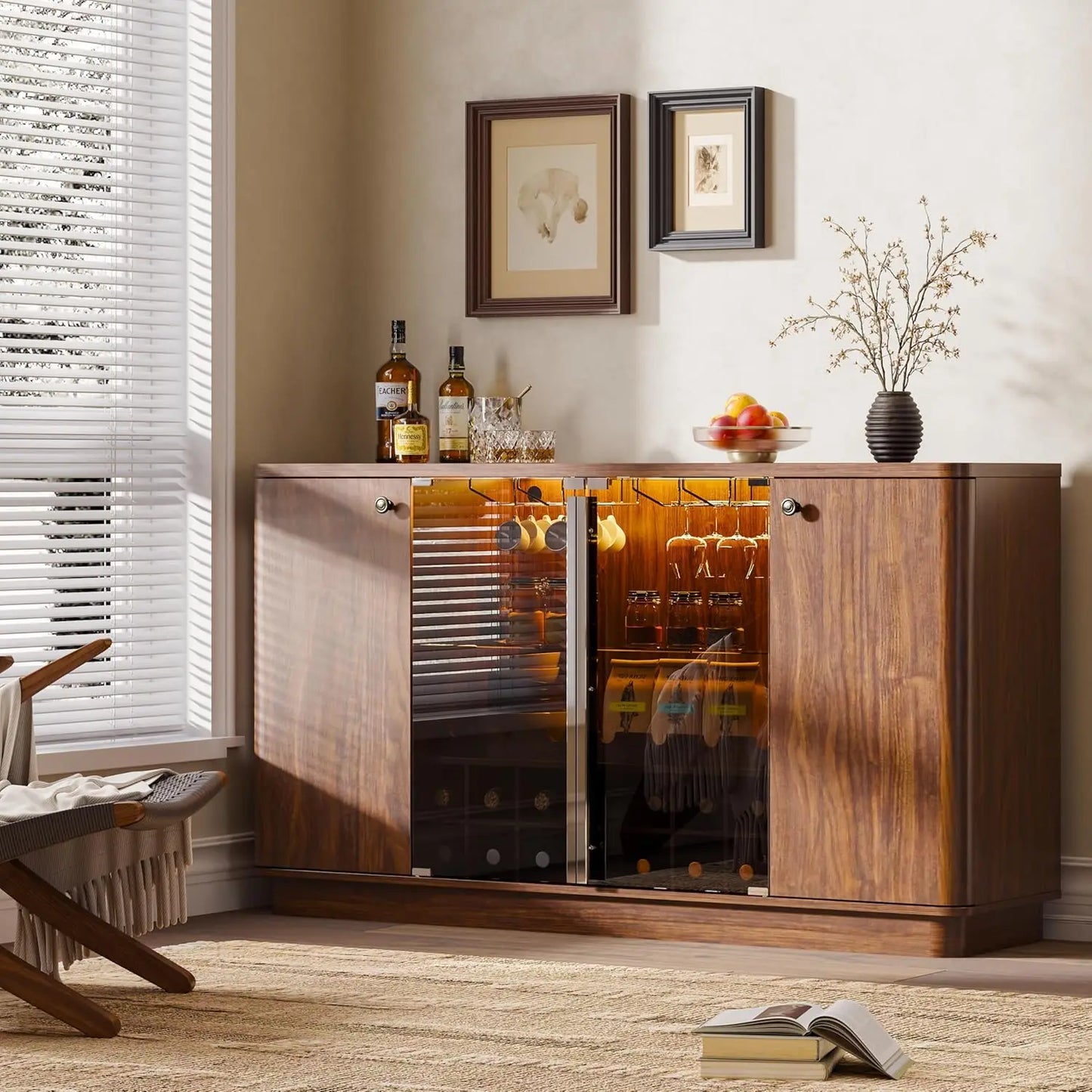 LED Coffee Bar Cabinet With Wine Rack And Glass Holder