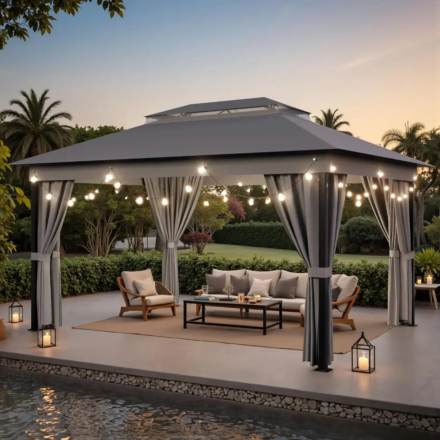 Outdoor Gazebo With Heavy Duty Steel Frame And Mosquito Net