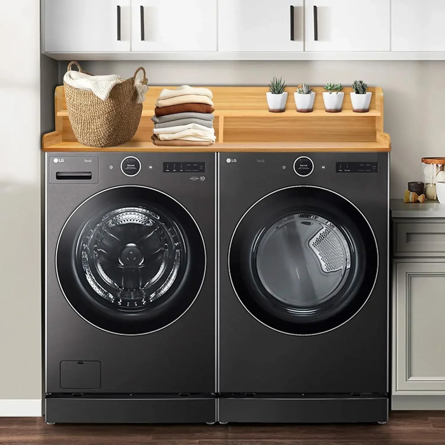 Two Tier Oak Countertop Laundry Shelf For Washer And Dryer