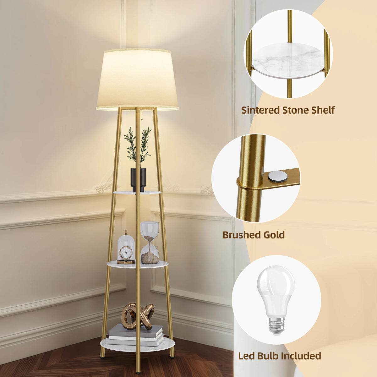 Modern Tripod Floor Lamp With Integrated Storage Shelf And Bulbs