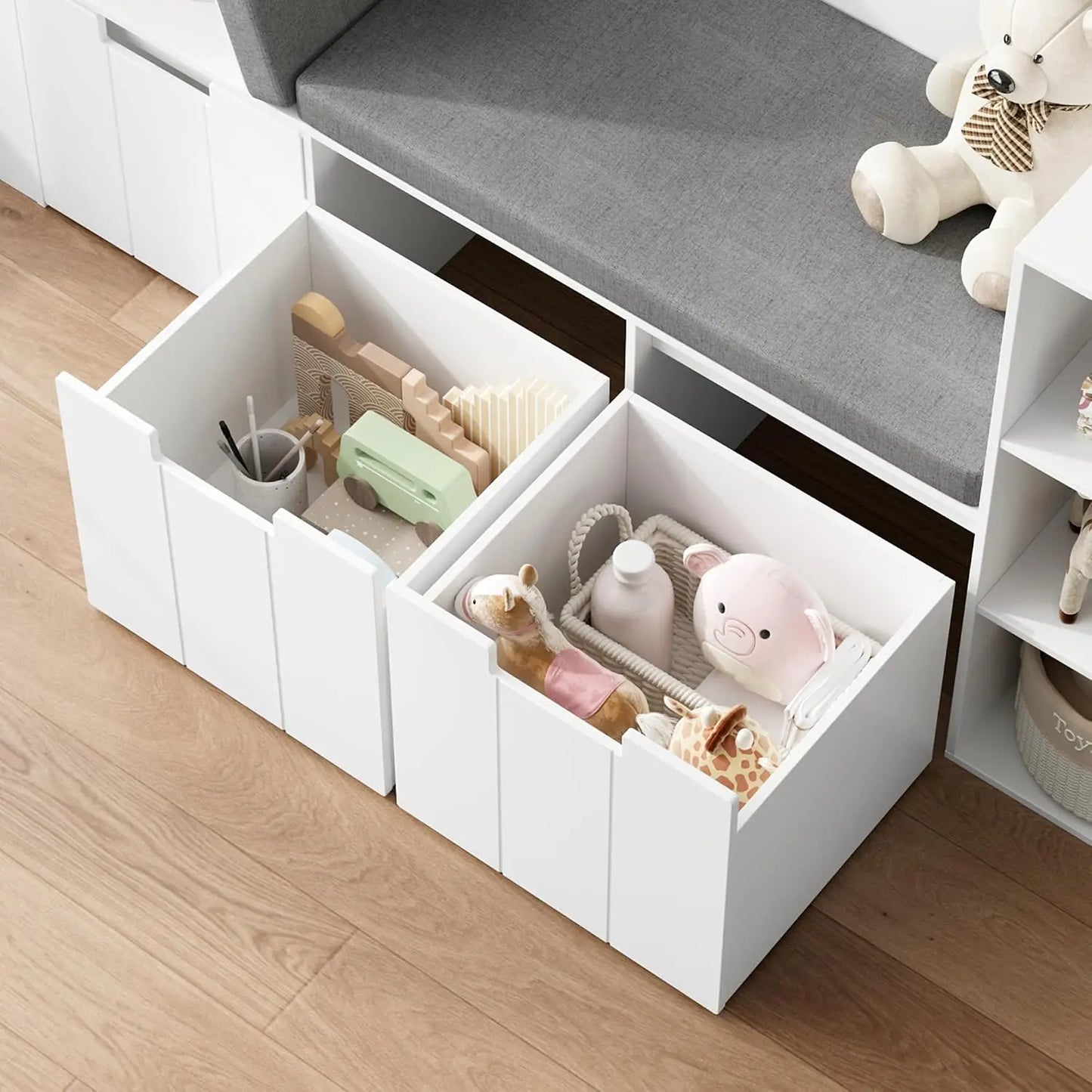 Kids Reading Nook With 3 Layer Bookshelf And Rolling Drawers