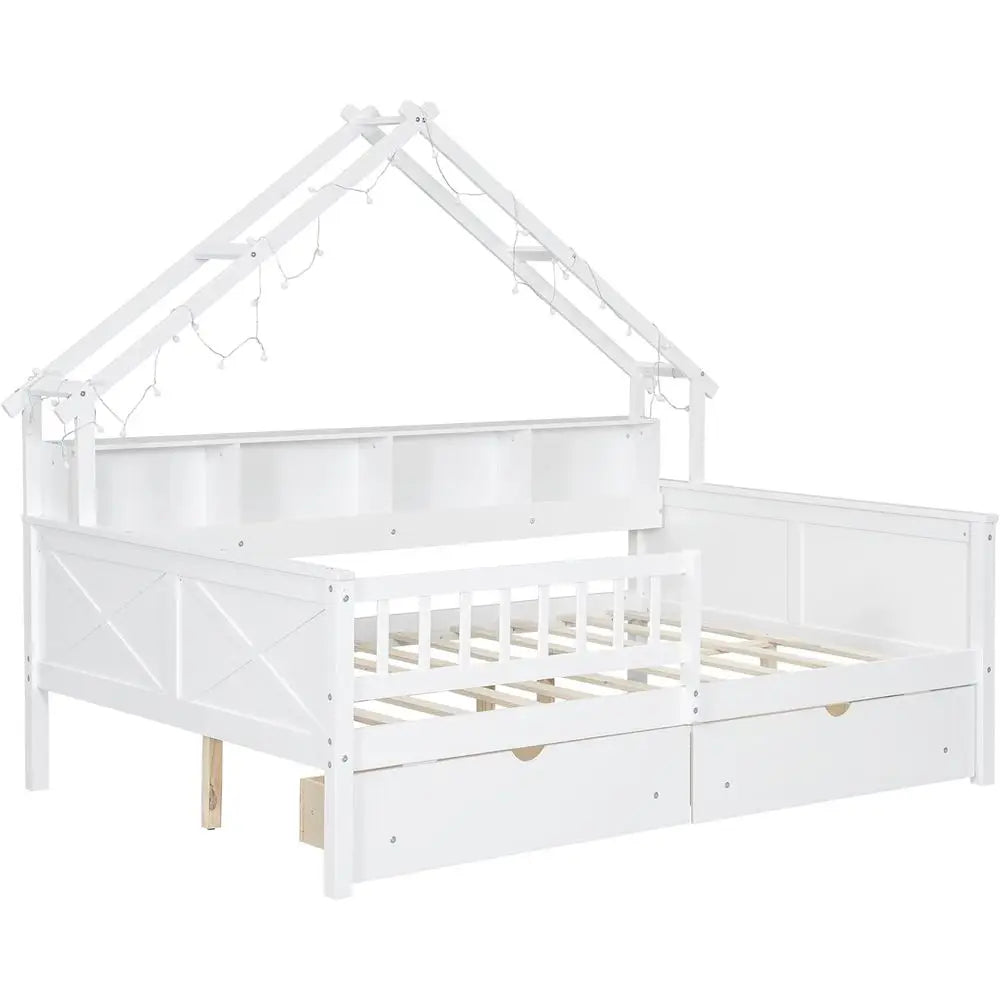 Wooden Bed Frame With Storage Drawers LED Lights And Shelves