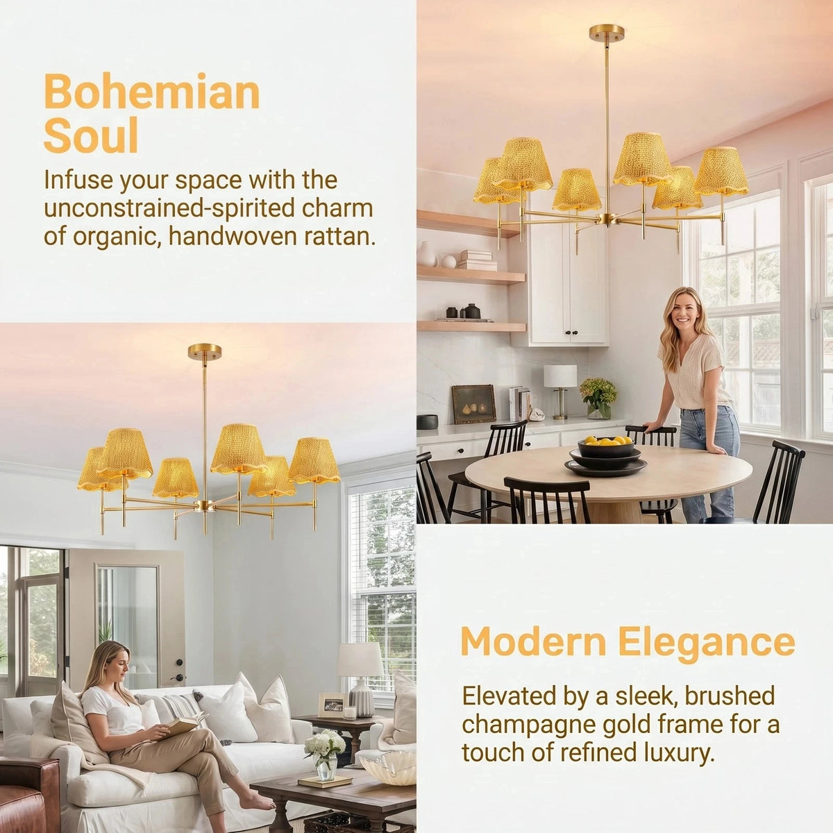Arlgsite 6 Lamp Bohemian Rattan Chandelier Pendant Light
