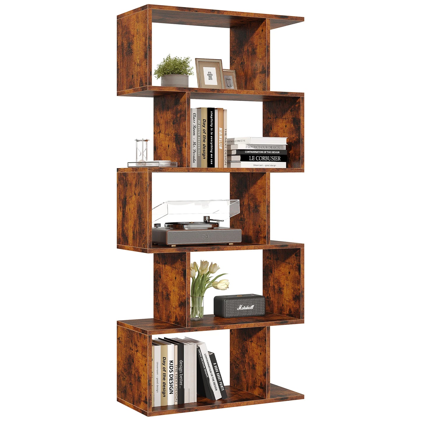 JHK Geometric 5 Tier S Shaped Wooden Bookcase Display Shelf