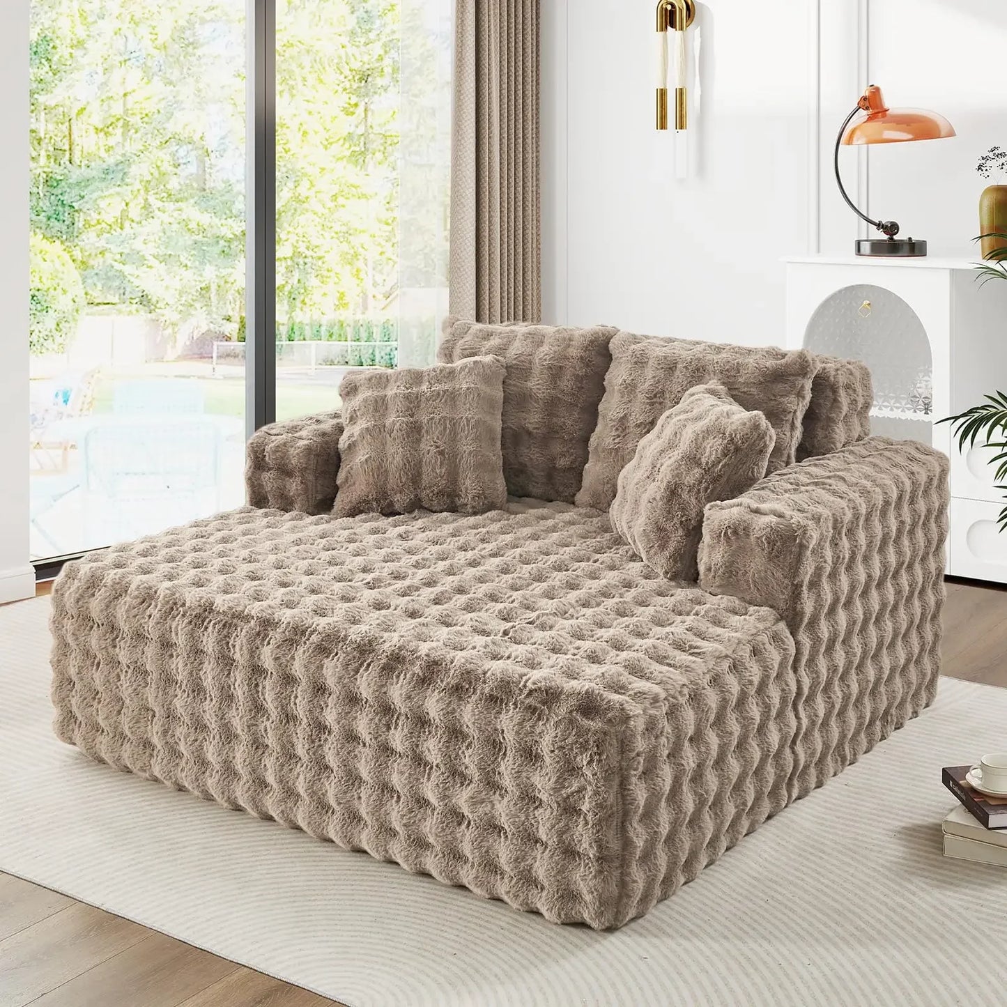 JEEOHEY Plush Faux Fur Chaise Lounge Chair Sleeper Sofa Bed With Pillows