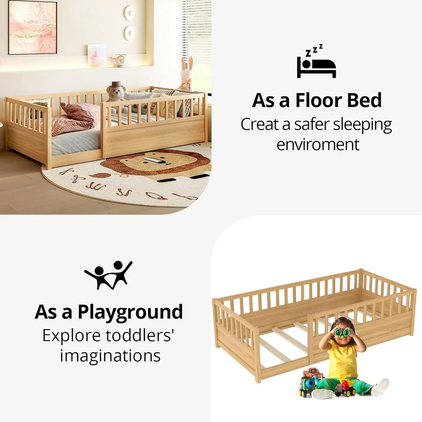 Montessori Floor Bed With High Rails Solid Wood For Kids