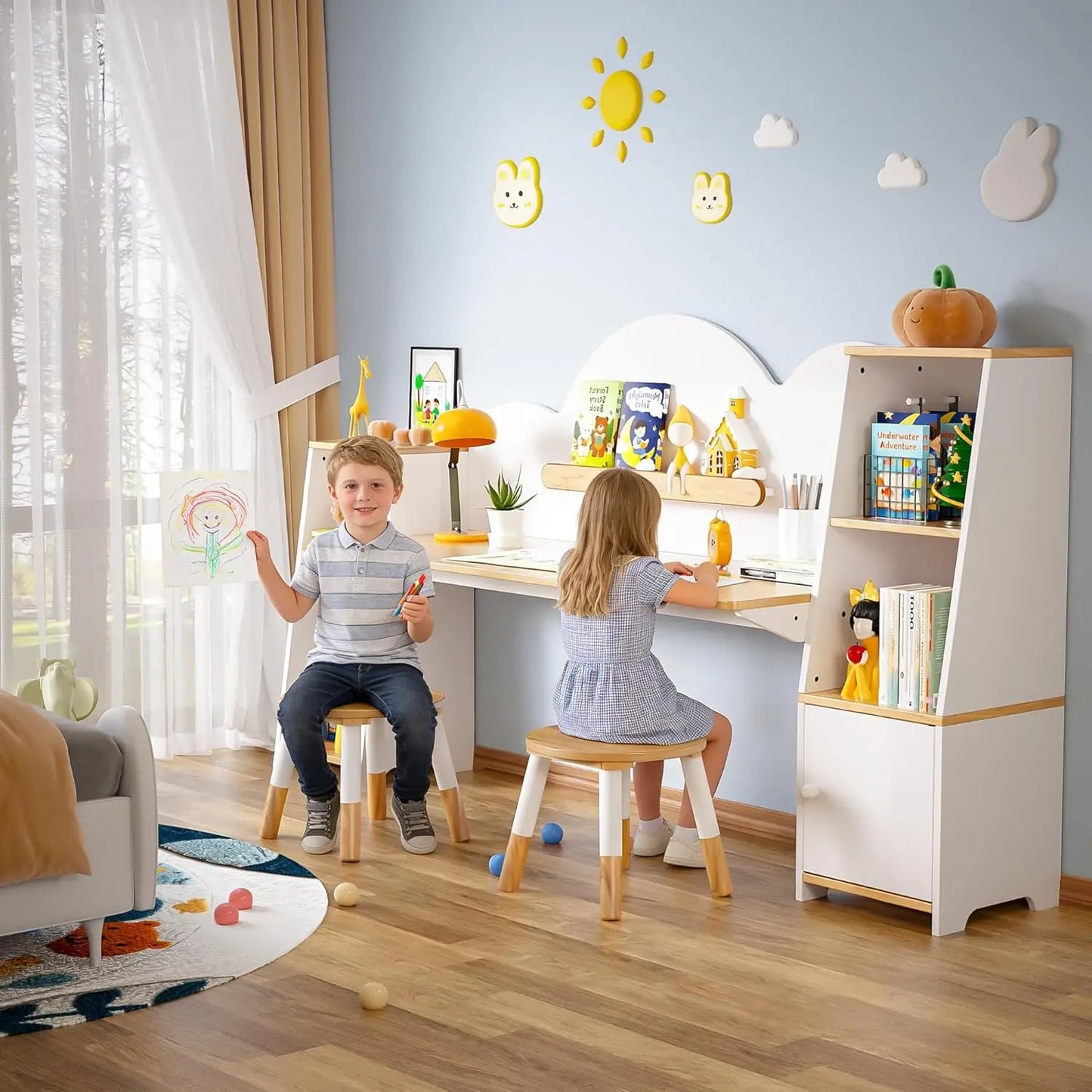 Wooden Kids Study Desk With Storage And Stools Set