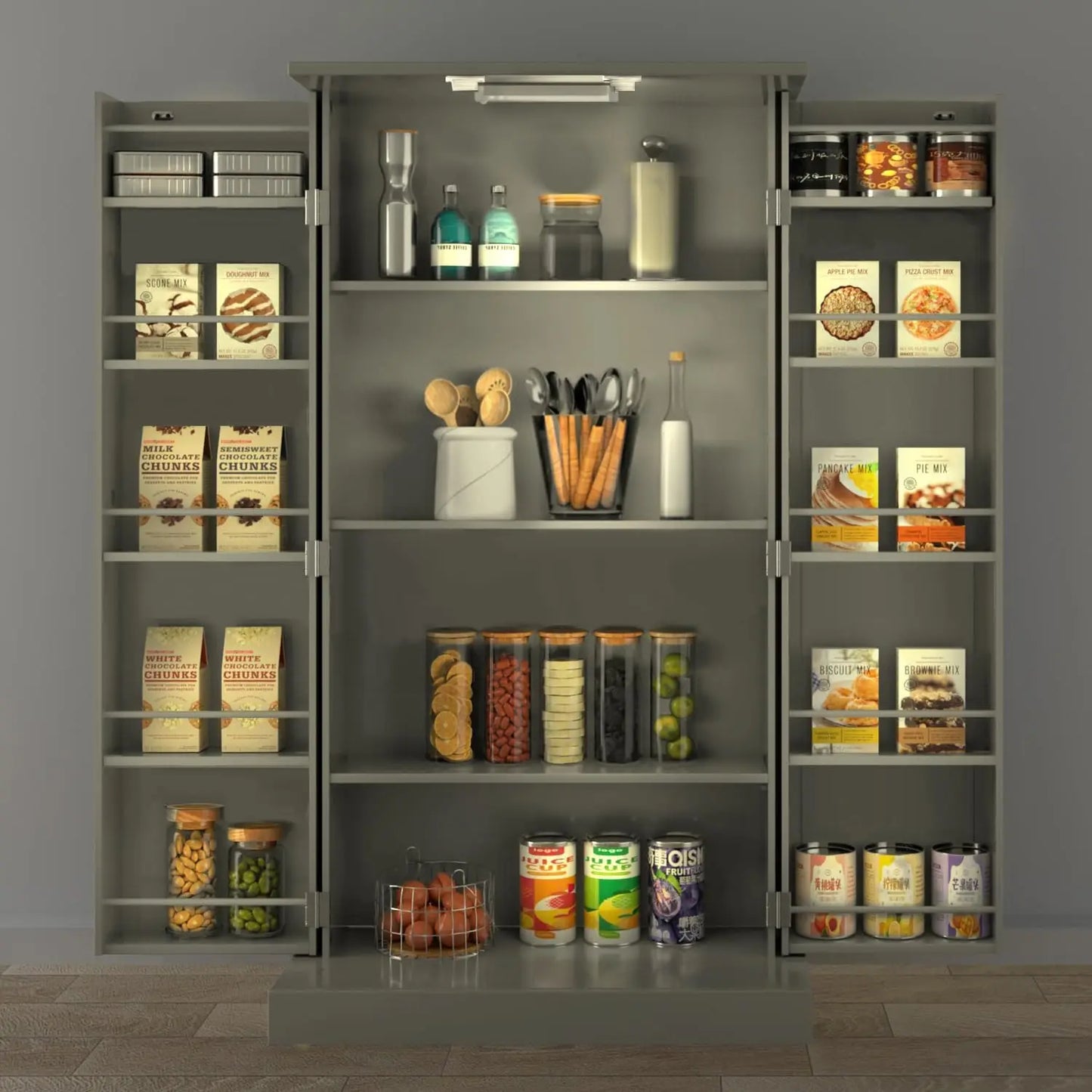 Led Kitchen Pantry Cabinet With Doors And Adjustable Shelves Freestanding