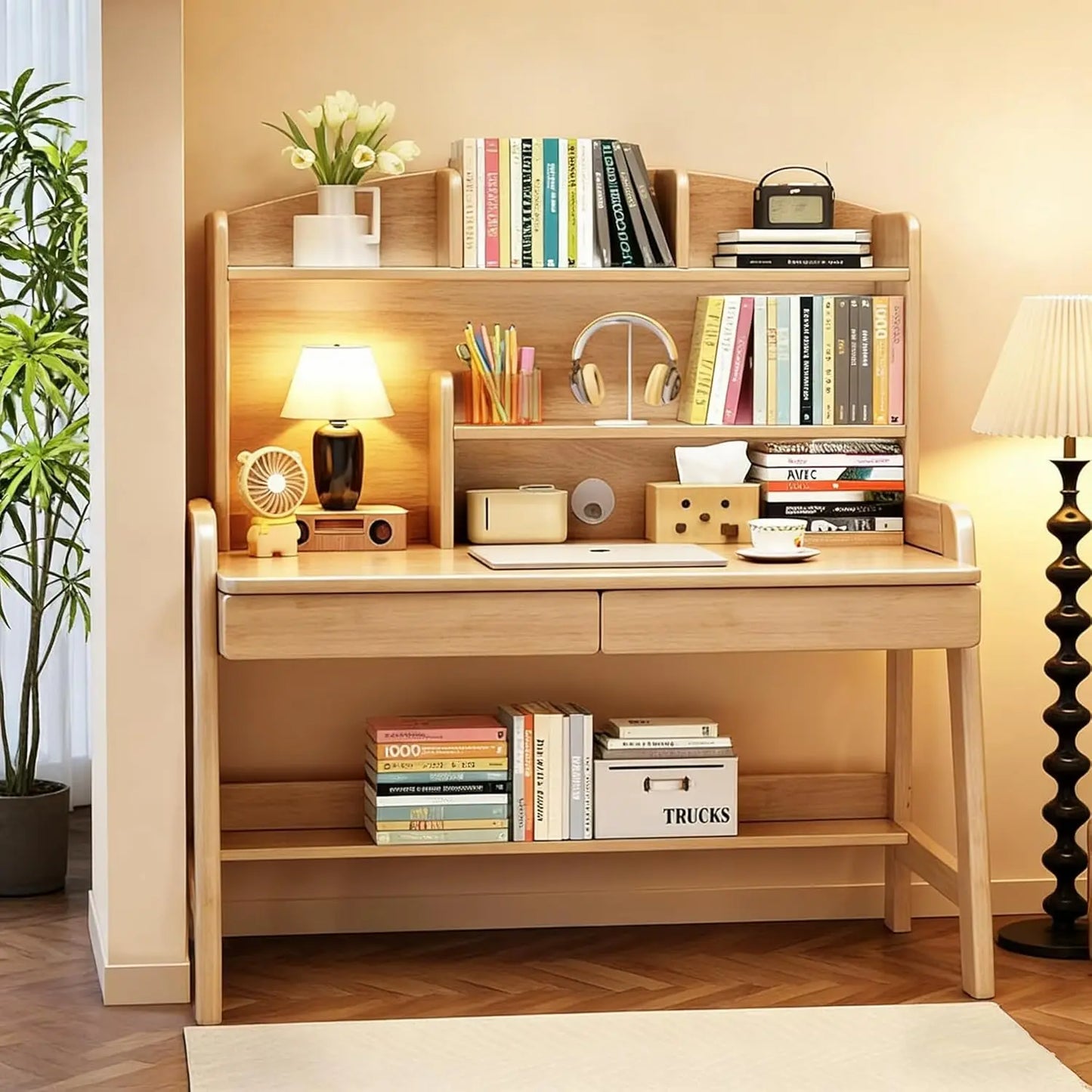 Kids Wooden Desk With Bookshelf Two Drawers Adjustable Study