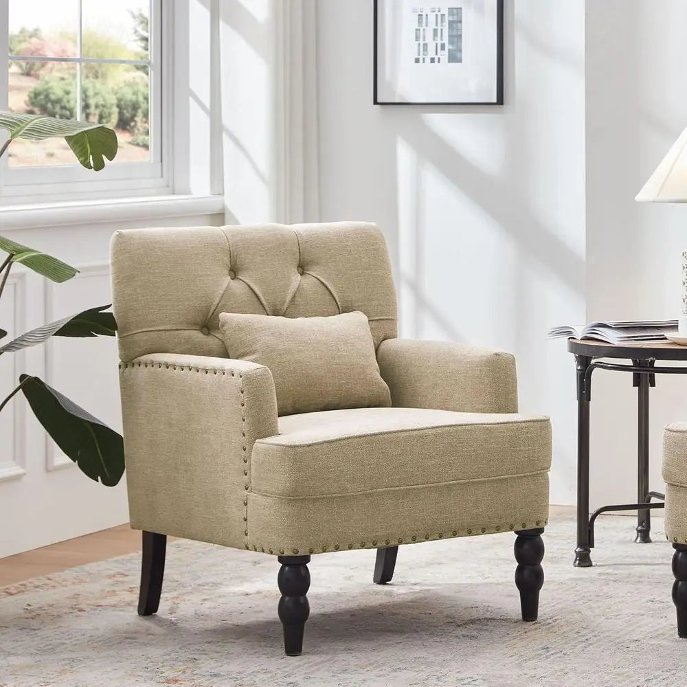 Linen Fabric Upholstered Accent Chair With Lumbar Pillow