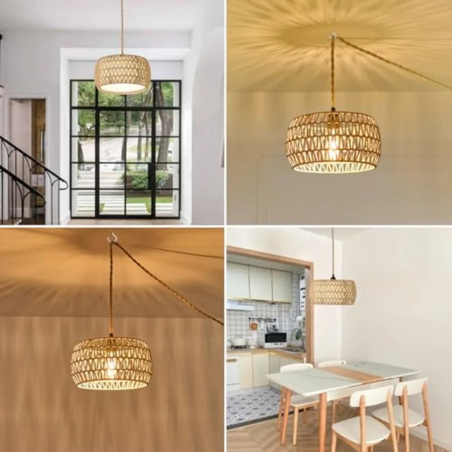 Boho Rattan Hand Woven Pendant Light Farmhouse Hanging Lamp