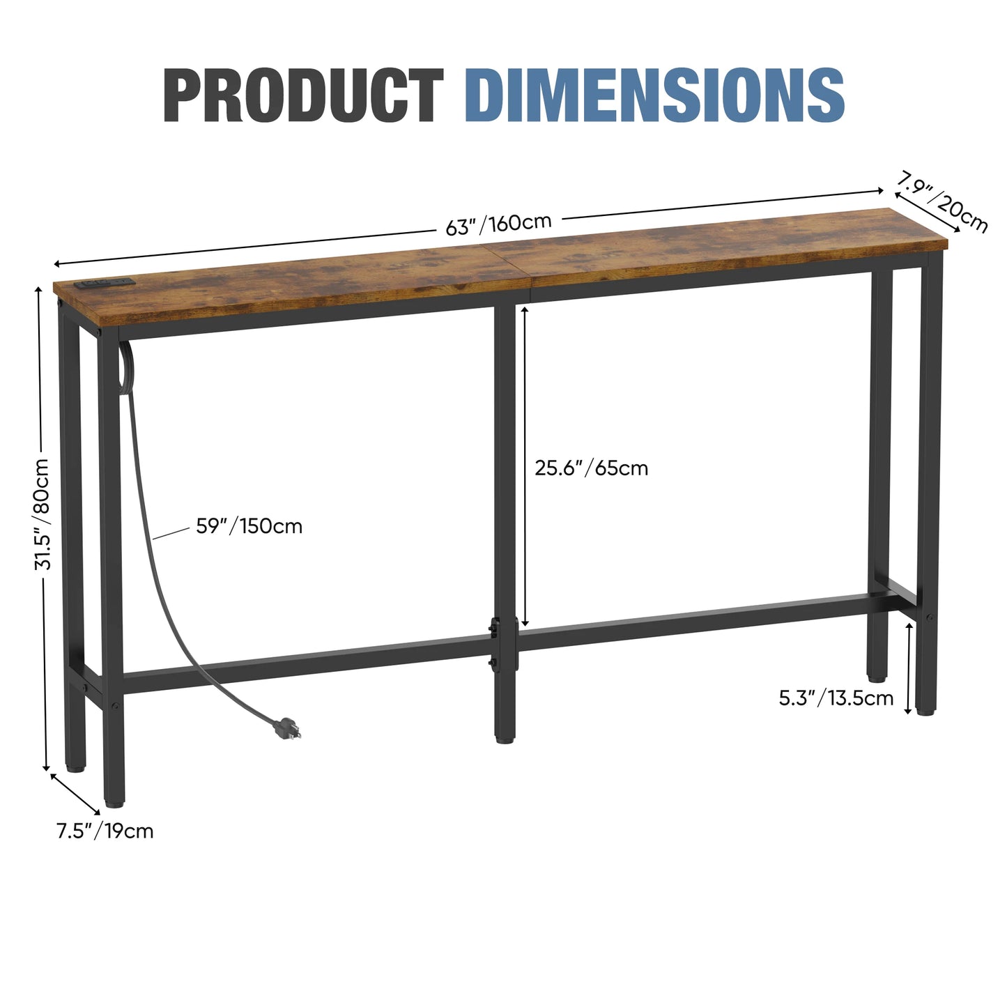 JHK Sofa Table With Charging Station Overbed Bedside Desk