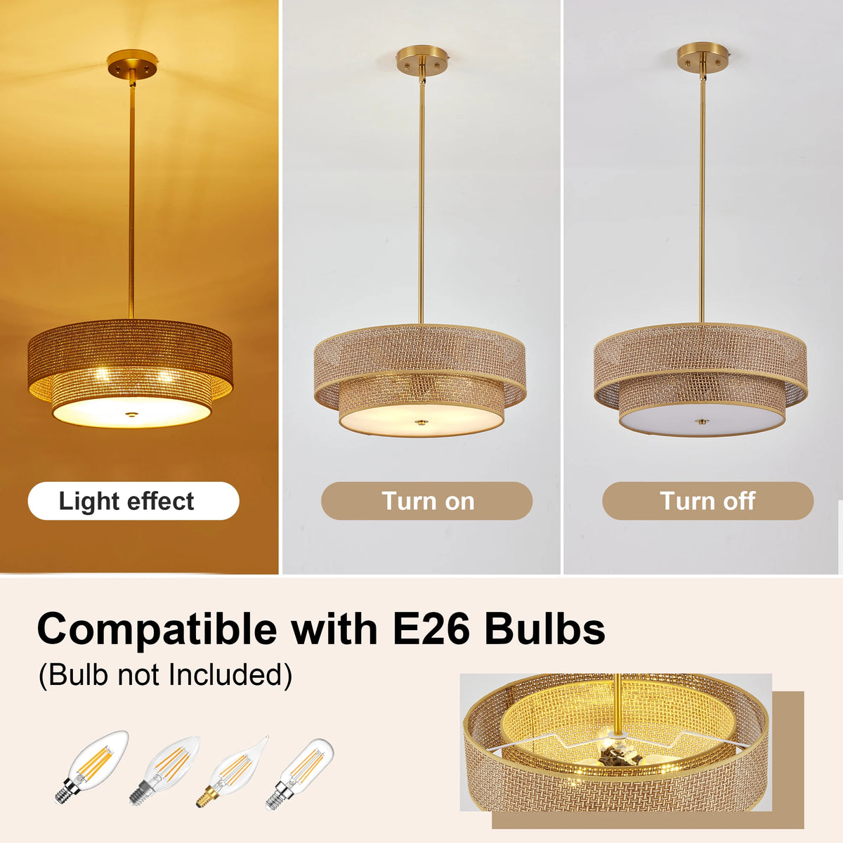 ARLGSITE 3-Lamp Double-Layer Round Woven Rattan And Linen Chandelier