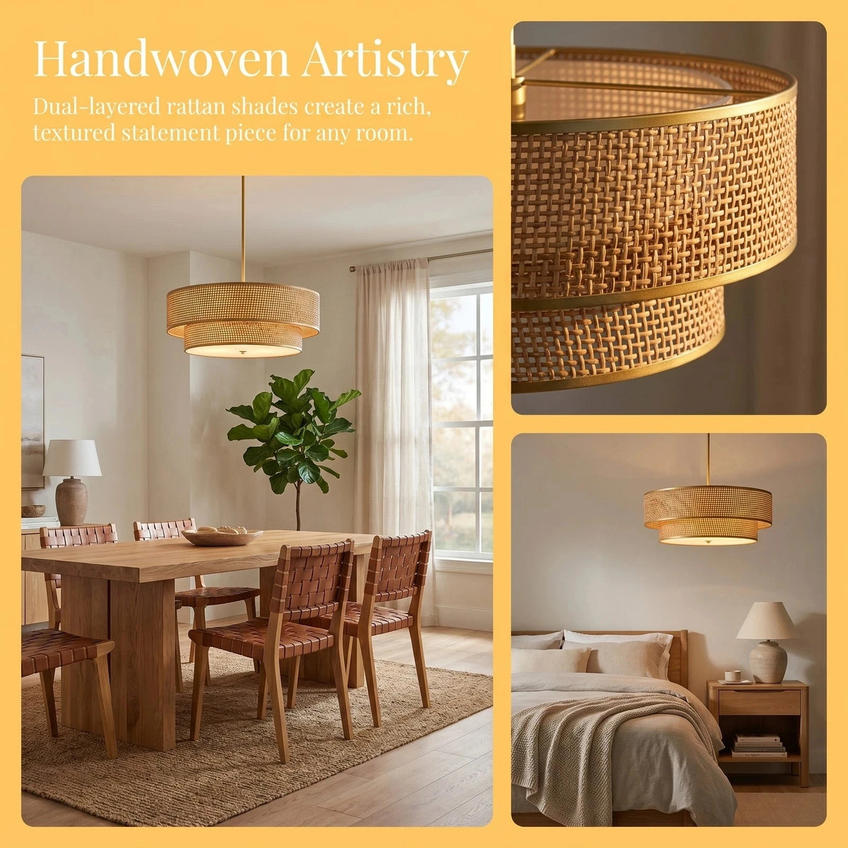 ARLGSITE 3-Lamp Double-Layer Round Woven Rattan And Linen Chandelier