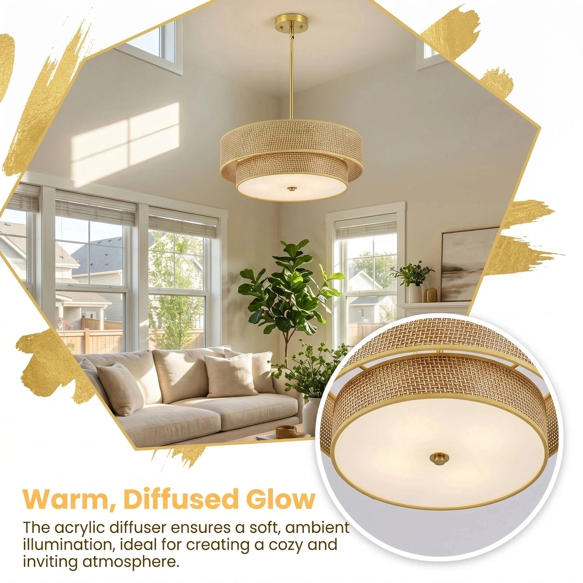 ARLGSITE 3-Lamp Double-Layer Round Woven Rattan And Linen Chandelier