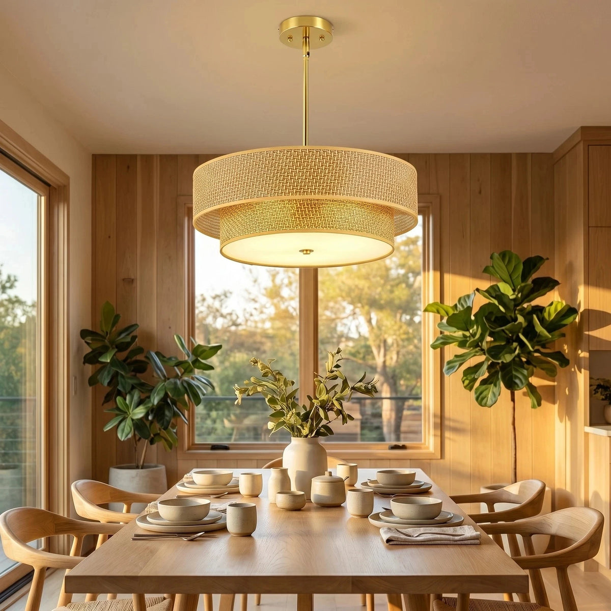 ARLGSITE 3-Lamp Double-Layer Round Woven Rattan And Linen Chandelier