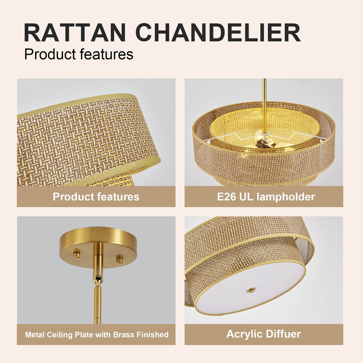 ARLGSITE 3-Lamp Double-Layer Round Woven Rattan And Linen Chandelier
