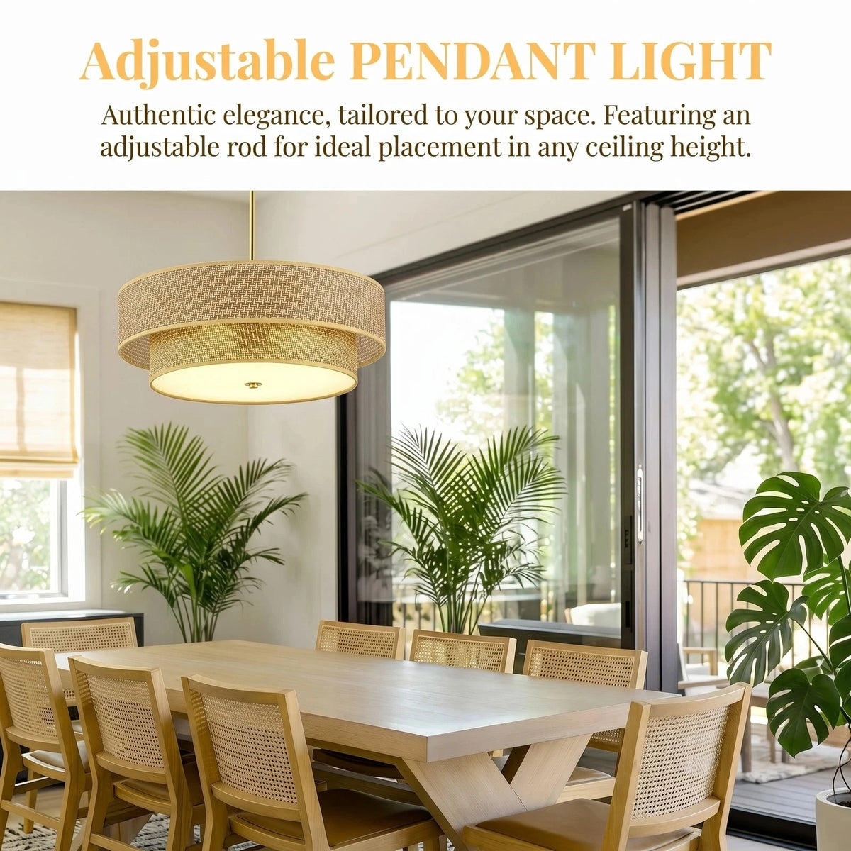 ARLGSITE 3-Lamp Double-Layer Round Woven Rattan And Linen Chandelier