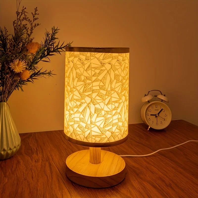 Wood Fabric Table Lamp Usb Powered Warm Light Bedroom Lamp