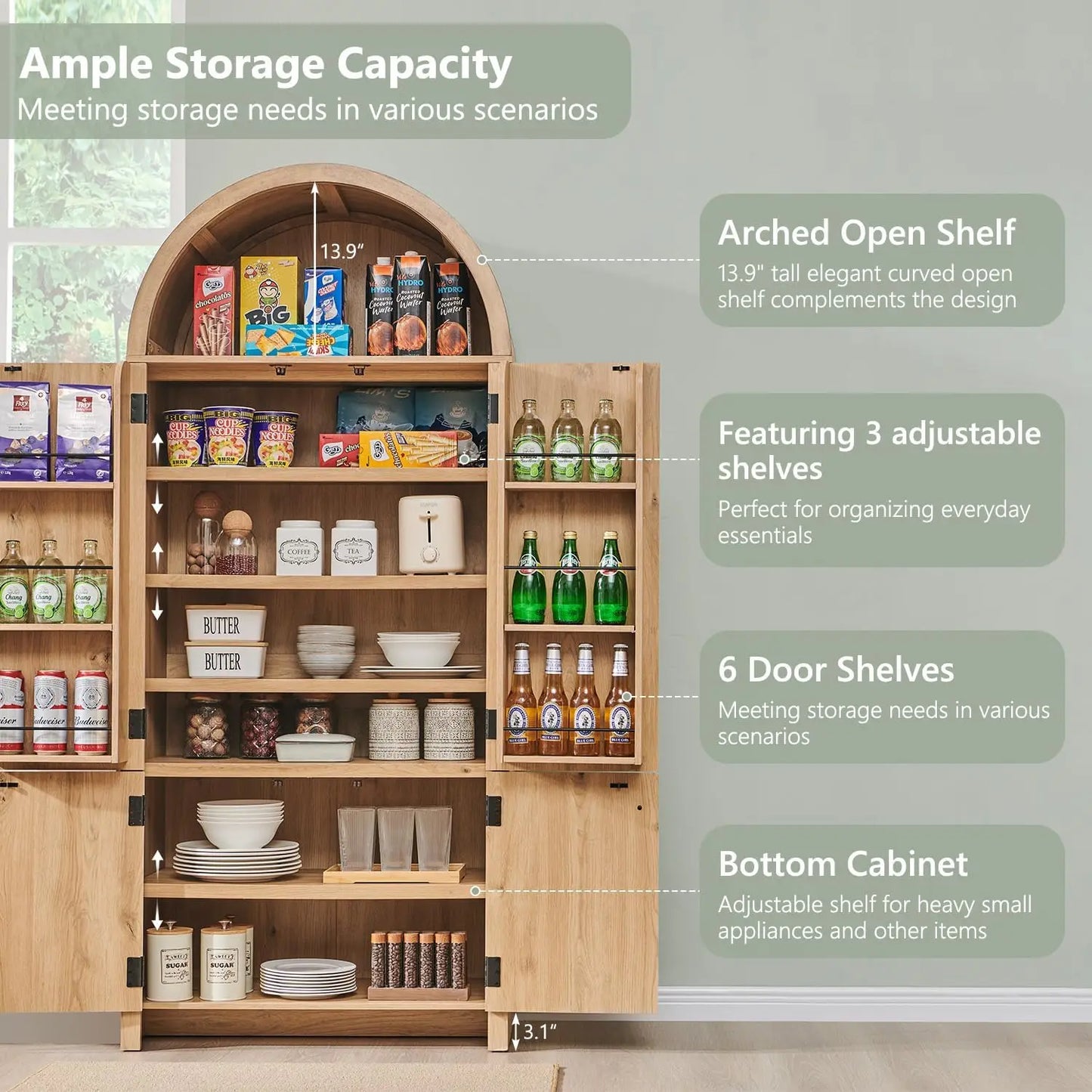 Arched Kitchen Pantry Cabinet With Doors And Adjustable Shelves