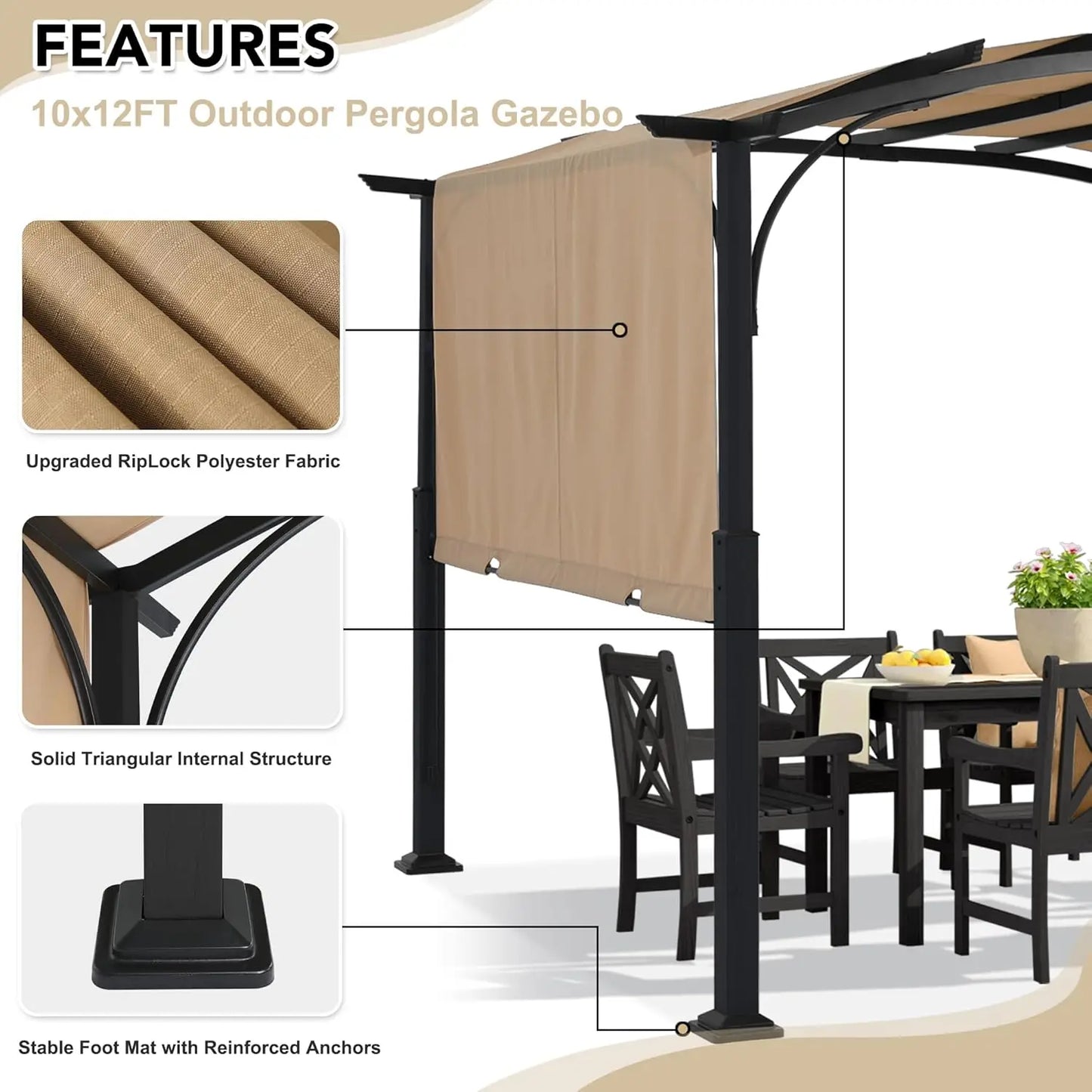 Outdoor Retractable Pergola With Sun Shade Canopy For Patio Garden
