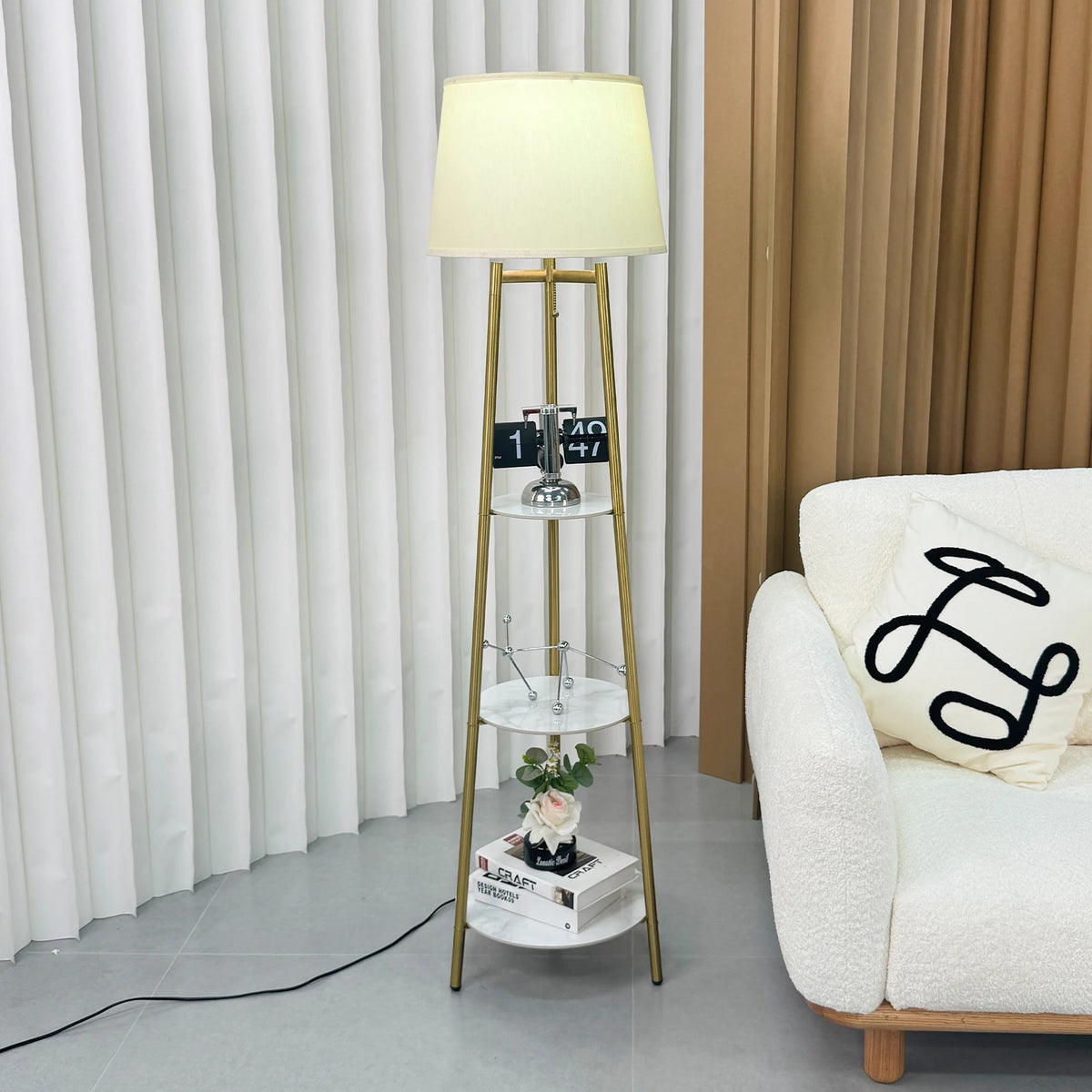 Modern Tripod Floor Lamp With Integrated Storage Shelf And Bulbs