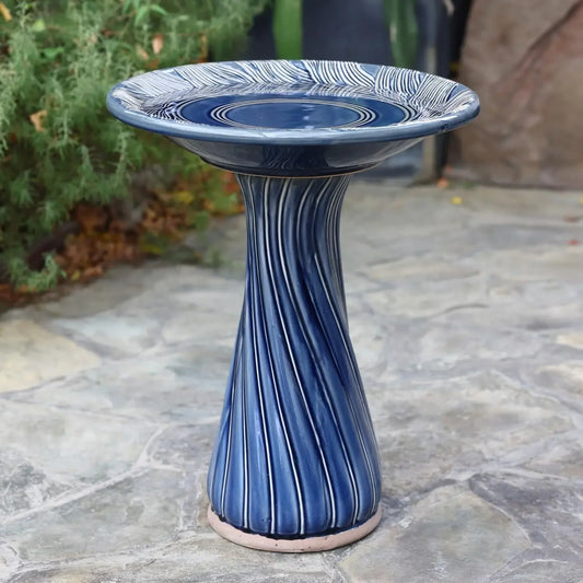 Ceramic Bird Bath With Leaves And Swirl Pattern Pedestal