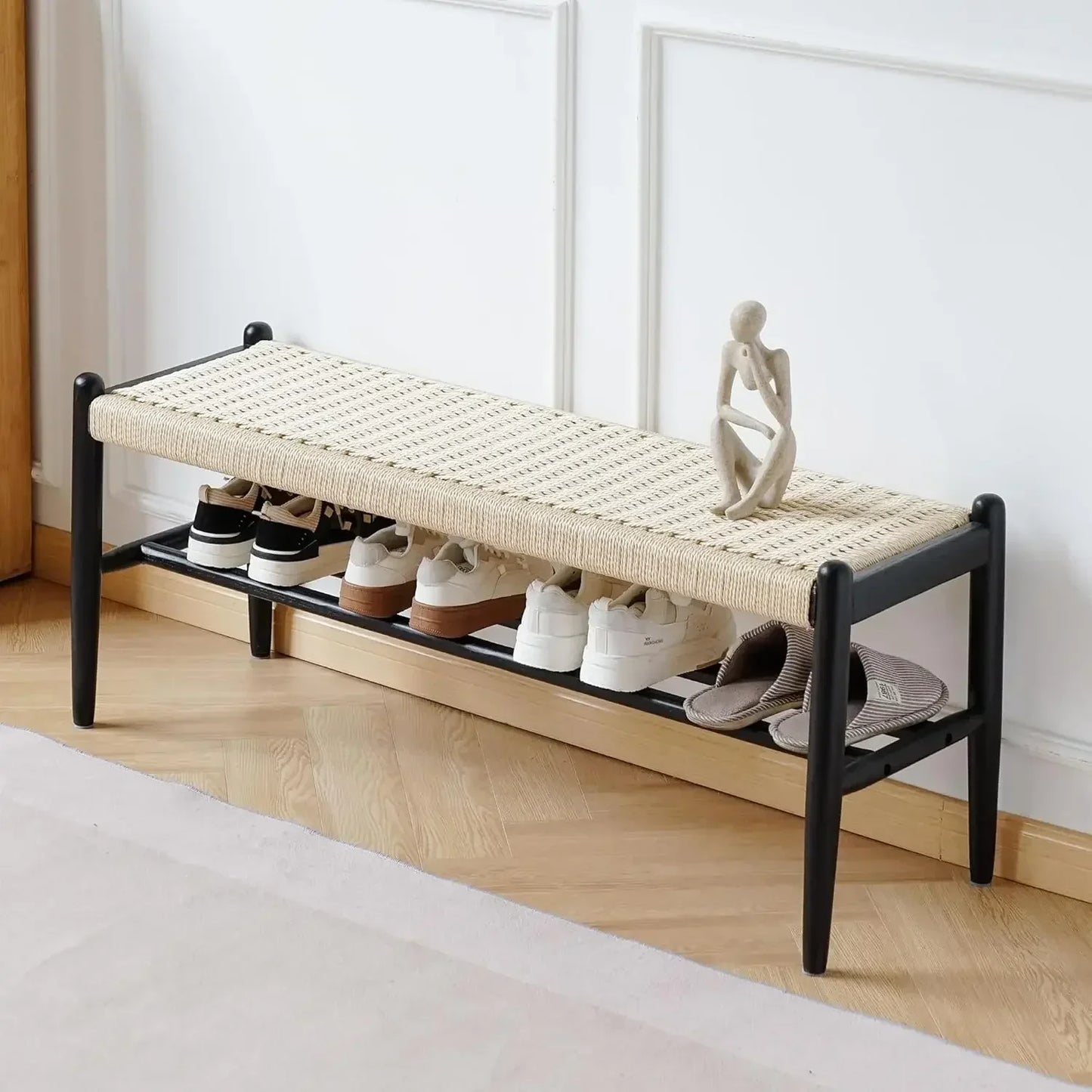 Solid Wood Bench Shoe Storage Rustic Oak Woven Design