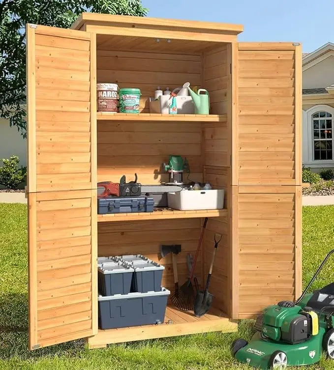 Wooden Outdoor Storage Cabinet With 3 Shelves And Double Locking Waterproof Roof