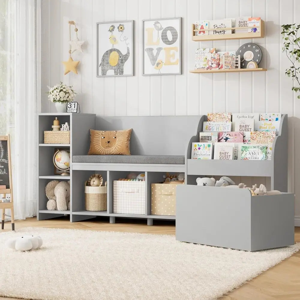 Kids Reading Nook With Toy Storage And Mobile Bookshelf Bench