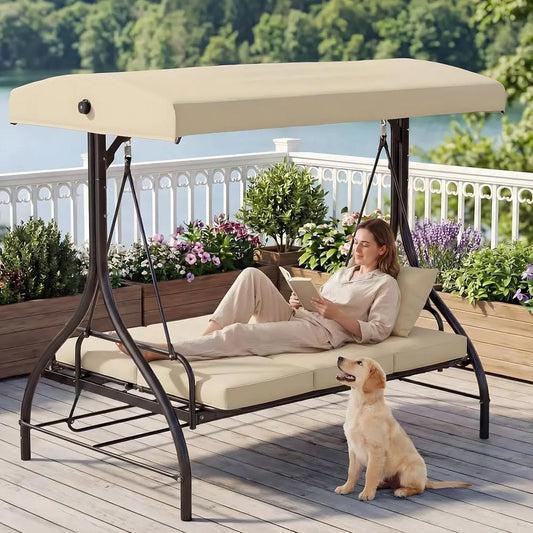 Three Seat Outdoor Patio Swing With Adjustable Backrest And Convertible Glider