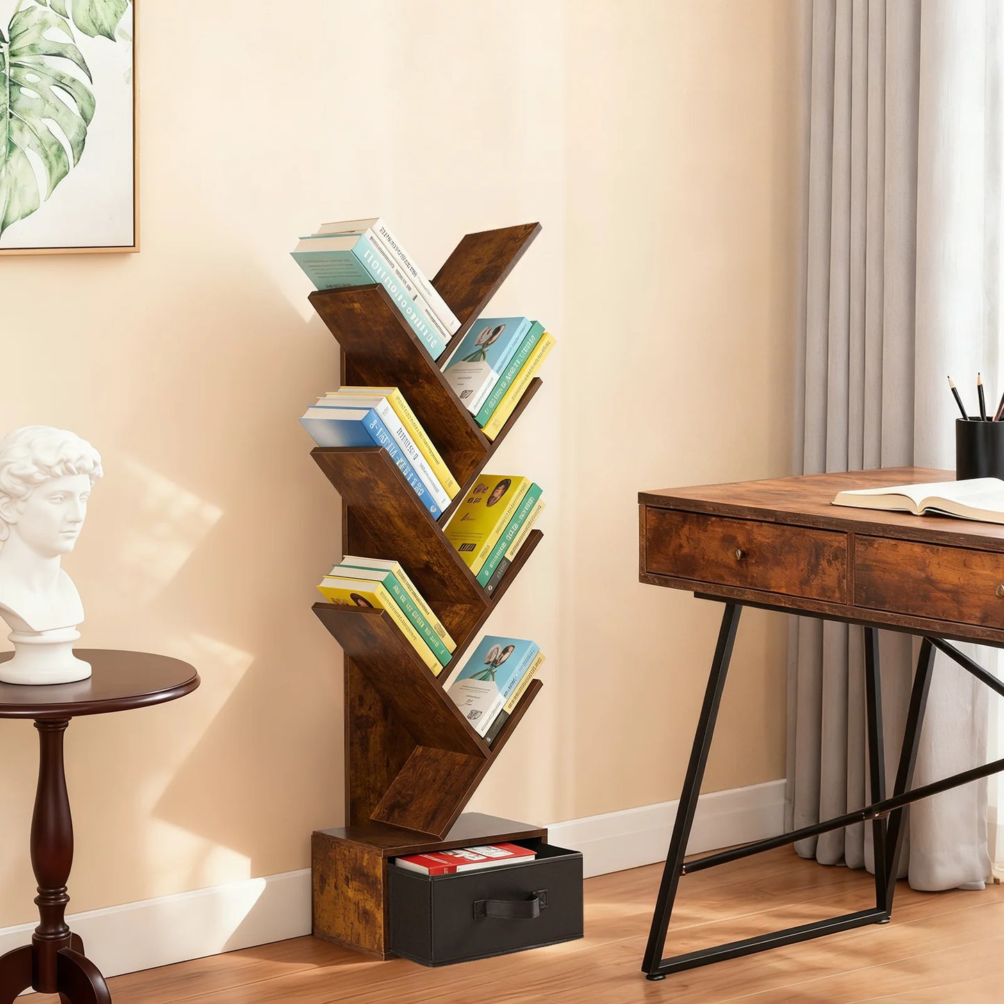 JHK 7-Tier Geometric Wooden Corner Bookshelf With Drawer