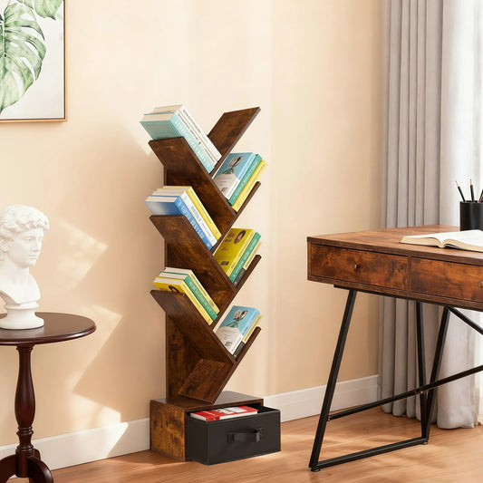 JHK 7-Tier Geometric Wooden Corner Bookshelf With Drawer