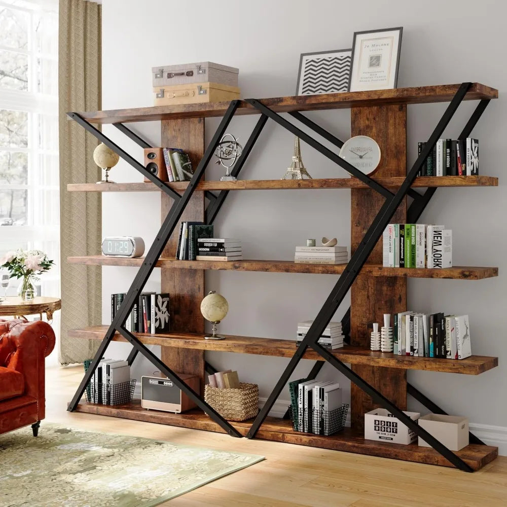 Five Tier Bookshelf With Metal Frame And Wood Shelves