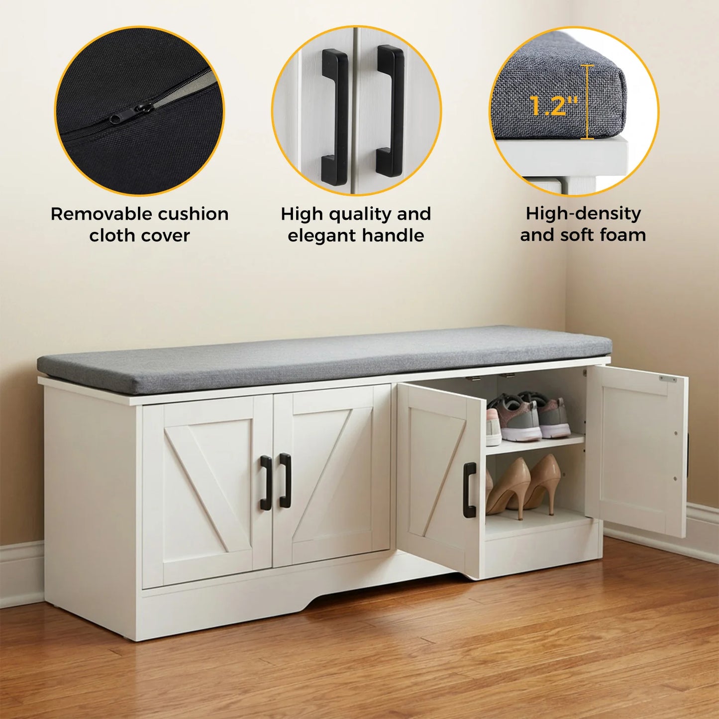 JHK Storage Bench Two Door Shoe Organizer Cabinet Entryway