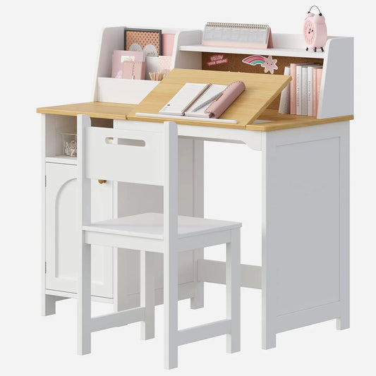 Kids Study Desk And Chair Set With Hutch Tiltable Desktop